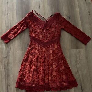 Free People Burgundy Lace Long Sleeve Dress